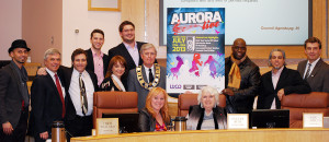 IN HAPPIER TIMES -- Members of Lucid Community Development heralded their new music festival at Aurora Council in February. From left: Canadian Idol winner Brian Melo, Councillor John Abel, Lucid's George Roche, So You Think You Can Dance Canada's Miles Faber, broadcaster Christine Bentley, Councillor Paul Pirri, Mayor Geoffrey Dawe, Councillors Sandra Humfryes and Evelyn Buck, Canadian Idol's Farley Flex, and Councillors John Gallo and Michael Thompson. Auroran photo by Brock Weir