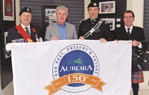 Ken white of the Royal Canadian Legion's Ontario Command, Mayor Geoffrey Dawe, Lt. Chris Wattie of the Queen's York Rangers, and David Veitch of the White Heather Pipes and Drums will take active roles in Sunday's Tattoo. (Auroran photos by Brock Weir)