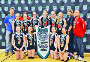The Storm Typhoon players celebrate their win: Becky Tresham, Kayla Law-Heese, Salina Torresano, Sacha Lund, Andie Therkildsen, Julia LeBlanc, Karlee Mannella, LanVy Ho, Ingrid West and Rebecca Lewis. Coaches are Linda Therkildsen, Cheryl Cowl and Mark Heese. Submitted photo