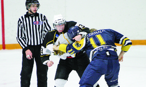 AURORA, ON - Feb 2 : Ontario Junior Hockey League Game Action between the Whitby Fury and the Aurora Tigers, Zack MacArthur #13 of the Aurora Tigers and Spencer MacCormack #11 of the Whitby Fury fight during third period game action..(Photo by Brian Watts / OJHL Images)