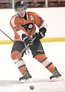 ORANGEVILLE, ON - Sep 19 : Ontario Junior Hockey League Game Action between the Toronto Lakeshore Patriots and the Orangeville Flyers, John Doyle of the Orangeville Flyer's Hockey Club..(Photo by Brian Watts / OJHL Images)
