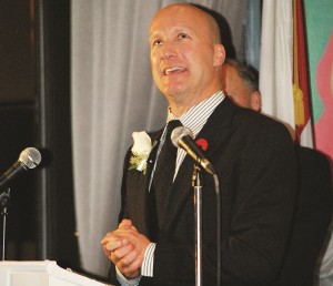 Olympic skier Brian Stemmle laughs as he recalls an earlier tribute from Aurora. 