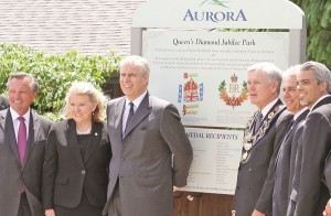 The Duke of York with outgoing MPP Frank Klees, MPP Lois Brown, Mayor Geoffrey Dawe, and Councillors John Abel and John Gallo after unveiling Aurora's Diamond Jubilee Park signage.