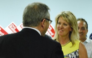 Progressive Conservative candidate Jane Twinney congratulates Ballard on his win Thursday night.