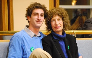 Candidate Wendy Gaertner watches the results roll in with her son. 