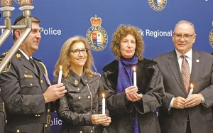 Among those participating in the kindling ceremony were YRP Chief Eric Jolliffe, Thornhill MPP Gila Martow, Aurora Councillor Wendy Gaertner, and Aubrey Zidenberg of Bnai Brith Canada.